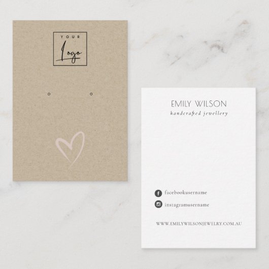 Carte De Visite Écran de logo simple Kraft Blush Heart Stud (Devant / Derrière)