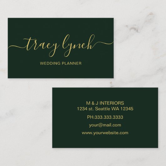 Carte De Visite Écran de script manuscrit en or émeraude (Devant / Derrière)