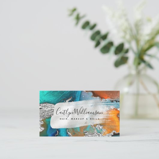 Carte De Visite Ecran en marbre élégant argent turquoise script (Debout devant)