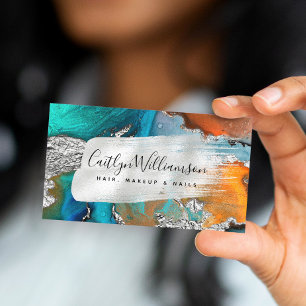 Carte De Visite Ecran en marbre élégant argent turquoise script