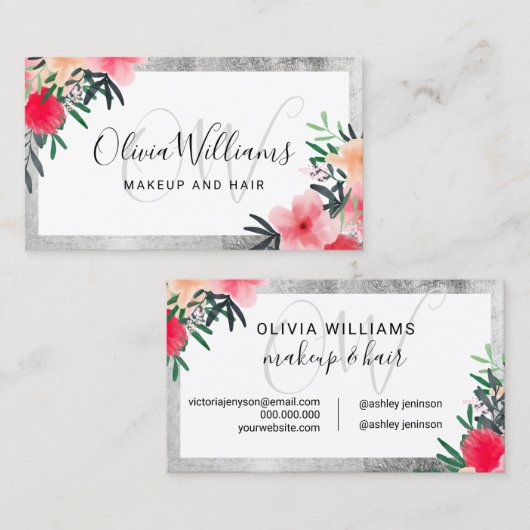 Carte De Visite Écriture florale à cadre argenté monogrammé (Devant / Derrière)