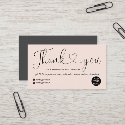 Carte De Visite Écriture moderne coeur rose vif ordre merci (Devant/Arrière en situation)