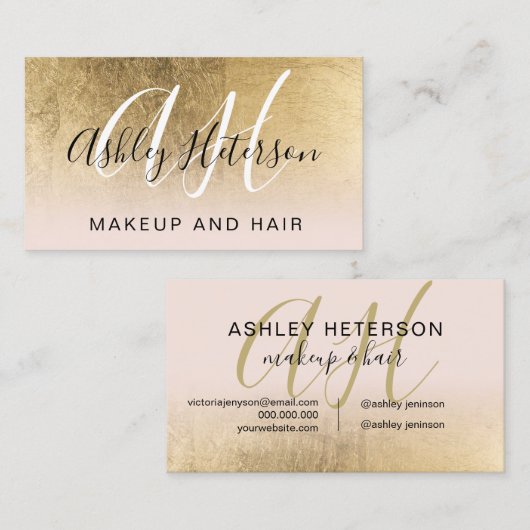 Carte De Visite Écriture rose feuille or monogrammée (Devant / Derrière)