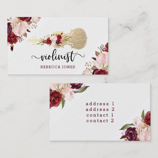 Carte De Visite écriture violoniste des fleurs d'aquarelle (Devant / Derrière)