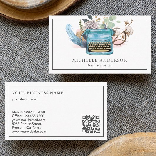 Carte De Visite Écrivain de code QR de machine à écrire bleue vint
