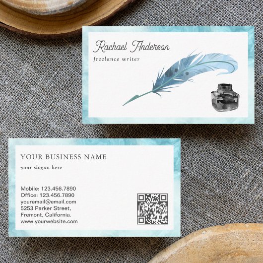 Carte De Visite Écrivain de code QR de plume de Feather Blue Vinta