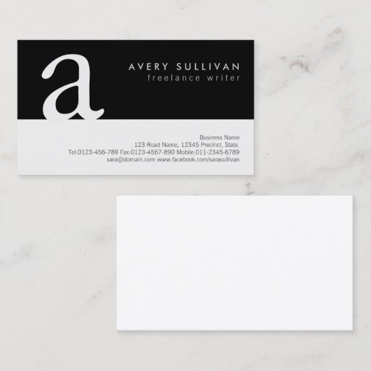 Carte De Visite Écrivain indépendant Simple Noir Blanc Monogramme (Devant / Derrière)