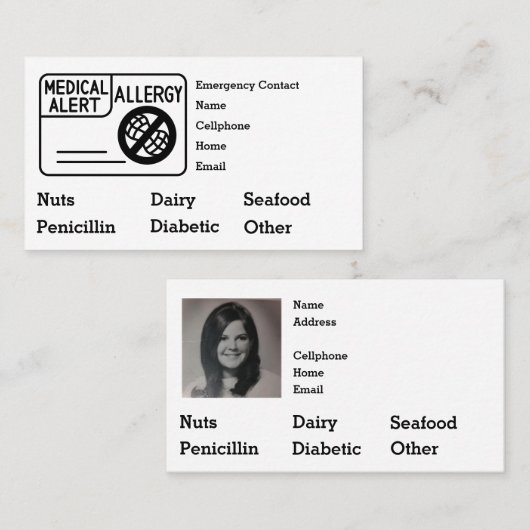 Carte De Visite Editable Medical Alert Allergy Emergency (Devant / Derrière)