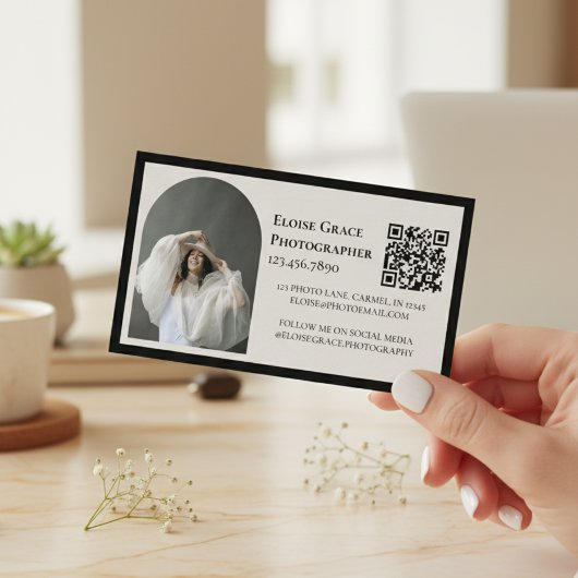 Carte De Visite Editorial Photo Logo Black QR Code Business Card