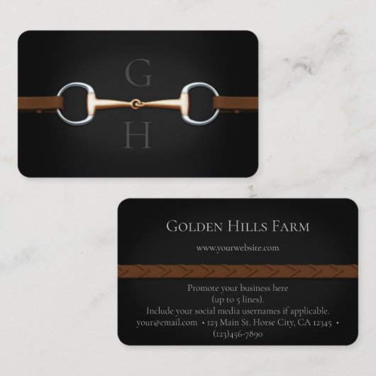 Carte De Visite Eggbutt Snaffle Bit & Reins Laced Double Monogramm (Devant / Derrière)