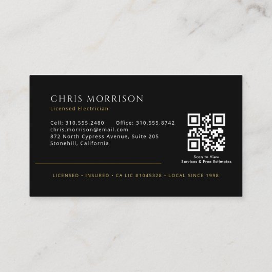 Carte De Visite Electrician Black & Gold Metallic QR Code (Dos)