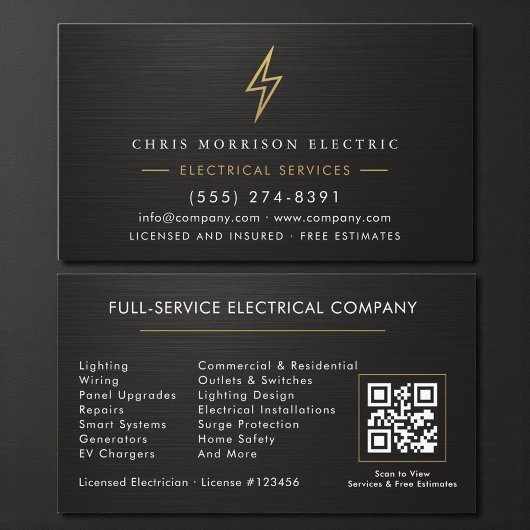 Carte De Visite Electrician Metallic Black Gold Electrical Service
