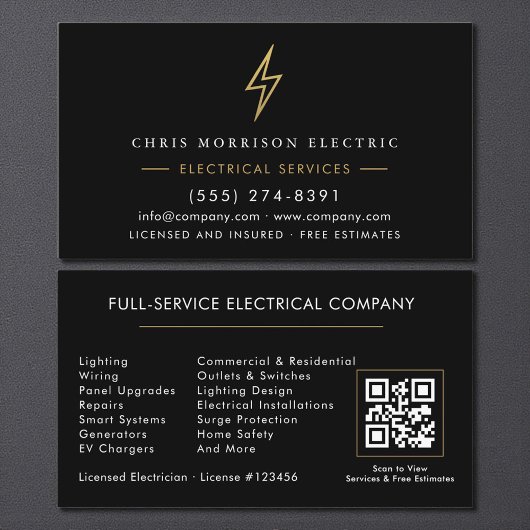 Carte De Visite Electrician – Modern Black Gold Electrical Service