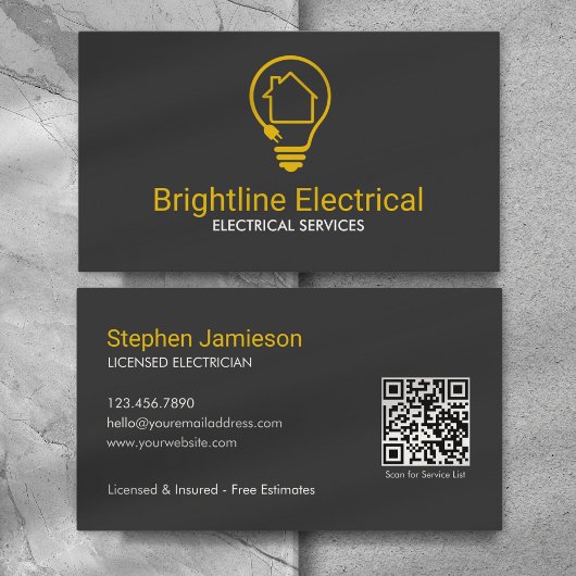 Carte De Visite Électricien Moderne Code QR Noir Jaune