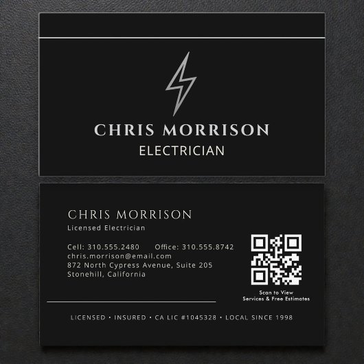 Carte de visite Électricien Noir & Argent Professi