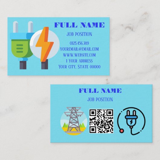 Carte De Visite Électricien Professionnel Moderne Code QR Bleu Cla (Devant / Derrière)