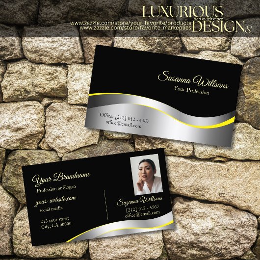 Carte De Visite Elégance Black Wavy Argent Décor avec photo Noble