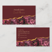 Carte De Visite Élégance des fleurs bordeaux avec accent or (Devant / Derrière)