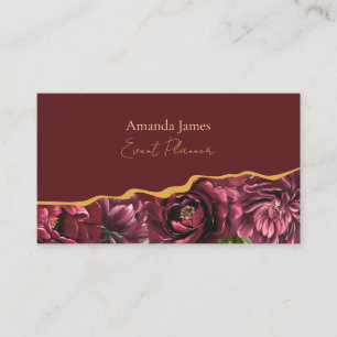 Carte De Visite Élégance des fleurs bordeaux avec accent or