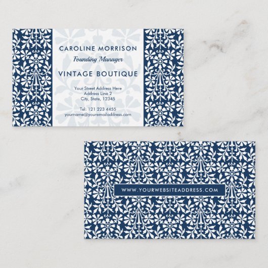 Carte De Visite Élégance florale scandinave bleue et blanche (Devant / Derrière)