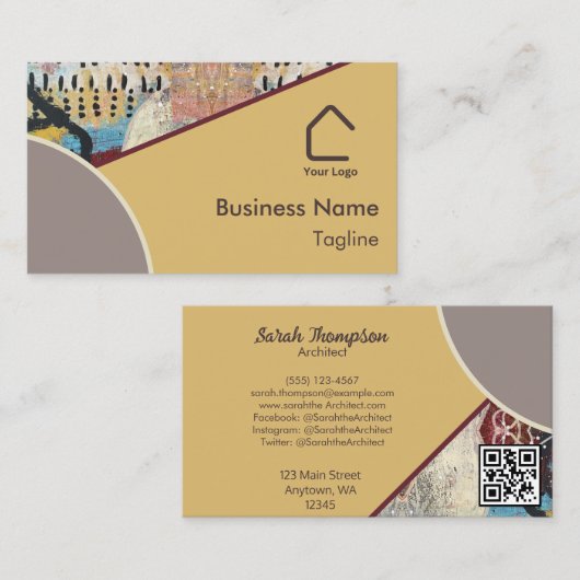 Carte De Visite Élégance neutre Accents Abstraits Logo Code QR (Devant / Derrière)