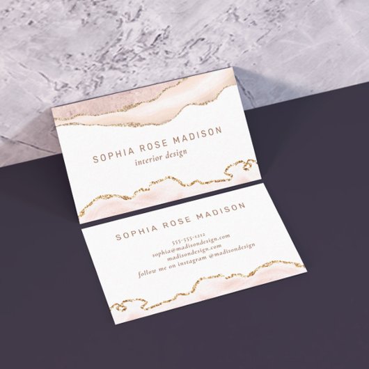 Carte De Visite Elégant Agate Marbre Aquarelle Coral Or