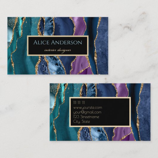 Carte De Visite Elegant Agate or bleu vert noir designer Busin (Devant / Derrière)