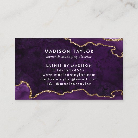 Carte De Visite Élégant Agate violet Or Parties scintillant Script (Dos)