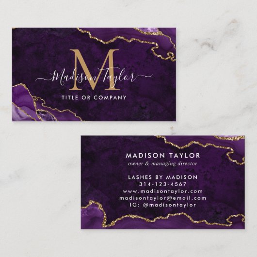 Carte De Visite Élégant Agate violet Or Parties scintillant Script (Devant / Derrière)
