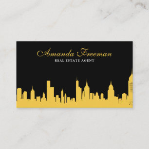 Carte De Visite Élégant agent immobilier Skyline Black & Gold