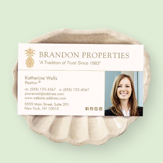 Carte De Visite Élégant Ananas Or Agent Immobilier Photo Bu