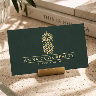 Carte De Visite Élégant Ananas Or Luxe Agent Immobilier Vert Foncé