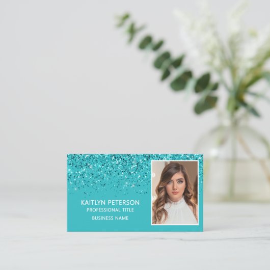 Carte De Visite Elegant Aqua Glitter Photo QR Code (Debout devant)