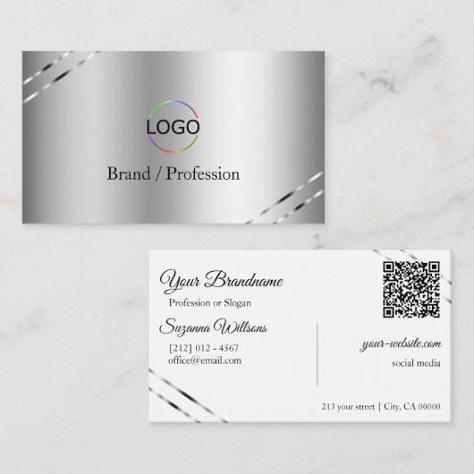 Carte De Visite Élégant Argent avec Logo et Code QR à Lignes Brill (Devant / Derrière)