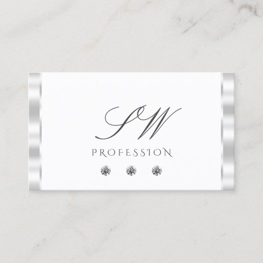 Carte De Visite Élégant Argent Blanc Sparkling Diamants Initiales (Devant)
