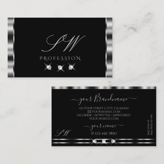 Carte De Visite Élégant Argent Noir Étincelant Diamants Initiales (Devant / Derrière)