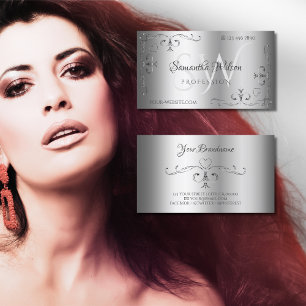 Carte De Visite Elégant Argent Ornat Coins Initiales