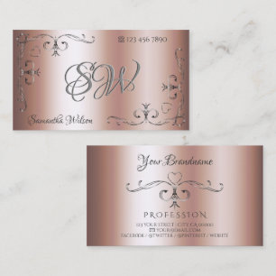 Carte De Visite Elégant Argent Ornate Corners Initiales Rose Or