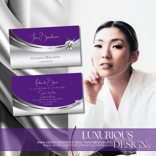 Carte De Visite Élégant Argent Royal violet avec diamant brillant