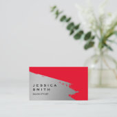 Carte De Visite Élégant Arrière - plan rouge brossé argent (Debout devant)