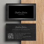Carte De Visite Elegant black and silver QR code luxury<br><div class="desc">Classy vintage style calligraphy business card with a faux silver metallic frame over an elegant black background. Easy to personalize with your details and automatically generated scanning QR code.              Suitable for exclusive beauty salons,  luxurious boutiques,  interior designers,  makeup artists,  and hair stylists.</div>