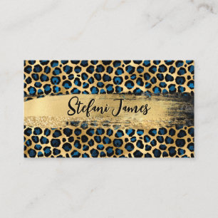 Carte De Visite Élégant Black Blue Gold Foil Leopard Brush Stroke