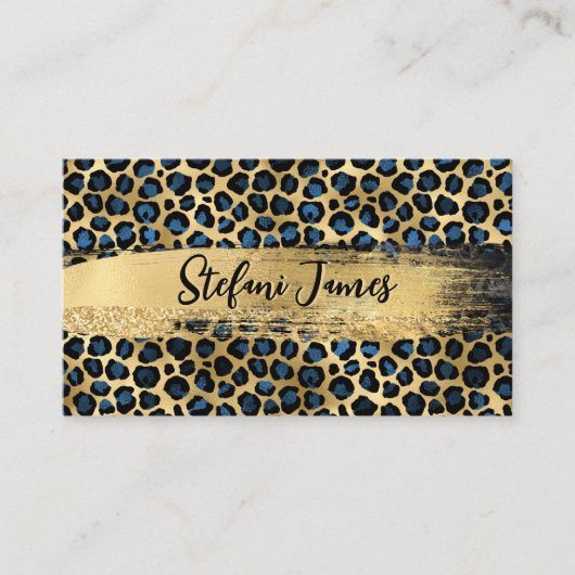 Carte De Visite Élégant Black Blue Gold Foil Leopard Brush Stroke (Devant)