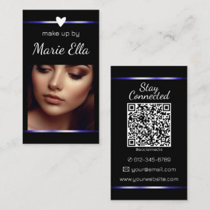 Carte De Visite Elégant Black Blue Heart Photo QR Code Modèle