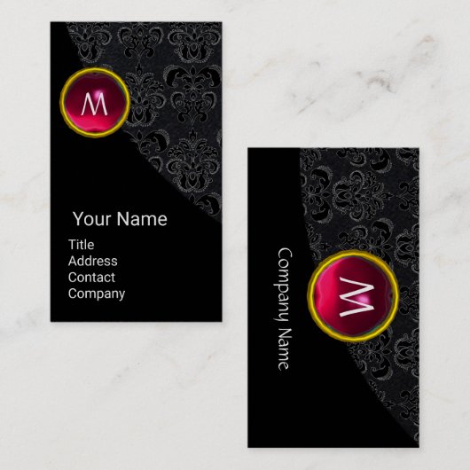 CARTE DE VISITE ÉLÉGANT BLACK DAMASK ROSE RUBY MONOGRAMME EN PIERR (Devant / Derrière)