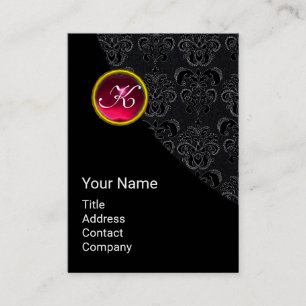 CARTE DE VISITE ÉLÉGANT BLACK DAMASK ROSE RUBY MONOGRAMME EN PIERR