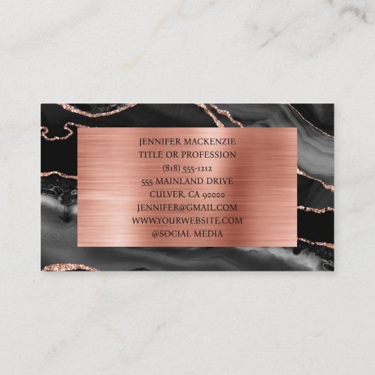 Carte De Visite Elégant Black et Rose Gold Agate Luxe (Dos)
