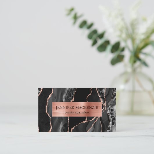 Carte De Visite Elégant Black et Rose Gold Agate Luxe (Debout devant)