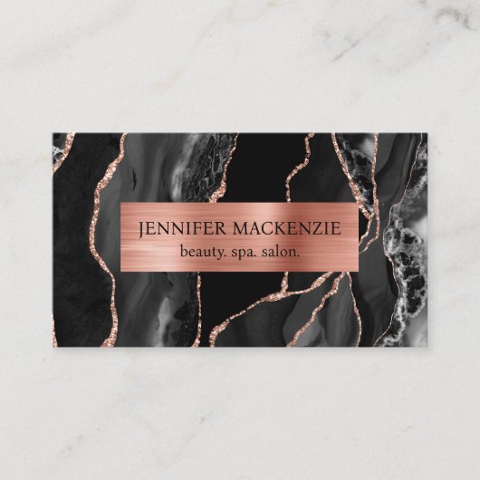 Carte De Visite Elégant Black et Rose Gold Agate Luxe (Devant)