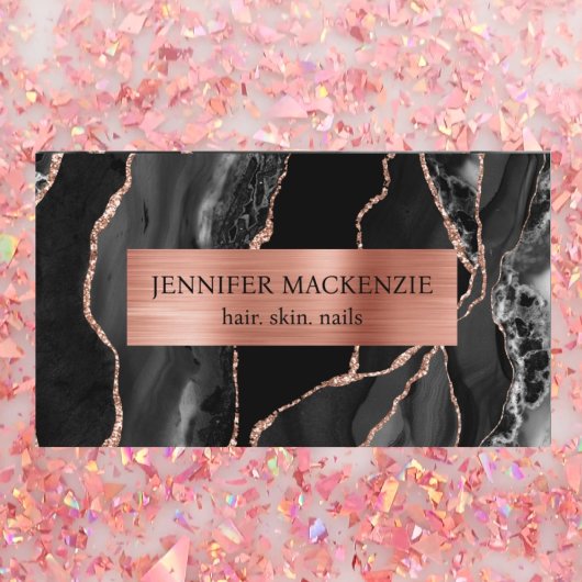 Carte De Visite Elégant Black et Rose Gold Agate Luxe